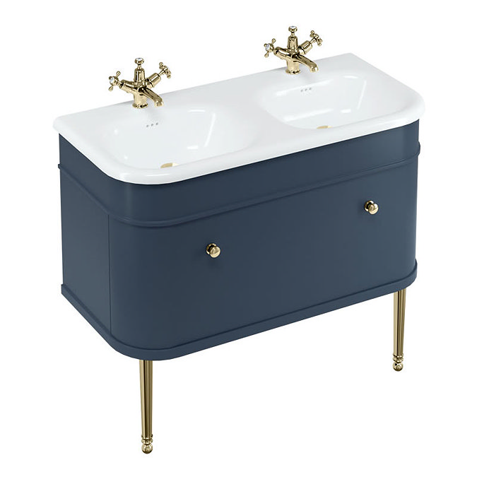 Burlington Chalfont 1000mm Blue Single Drawer Double Basin Unit with Gold Handles Large Image