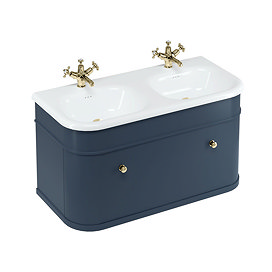 Burlington Chalfont 1000mm Blue Wall Hung Single Drawer Double Basin Unit with Gold Handles Large Im