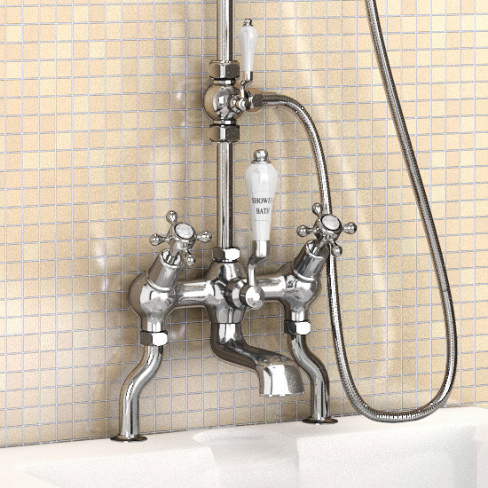 Burlington Claremont Angled Bath Shower Mixer w Riser, Curved Arm, 9" Rose & Handset Standard Large 