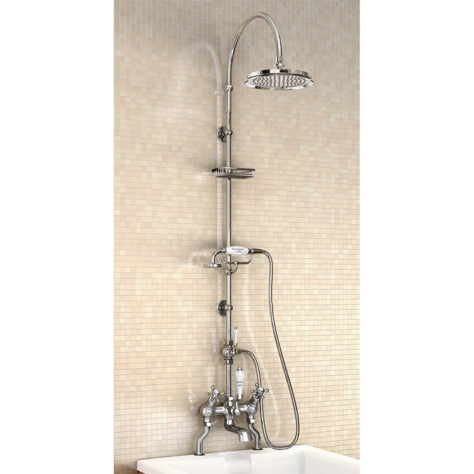 Burlington Claremont Angled Bath Shower Mixer w Riser, Curved Arm, 9" Rose & Handset Large Image