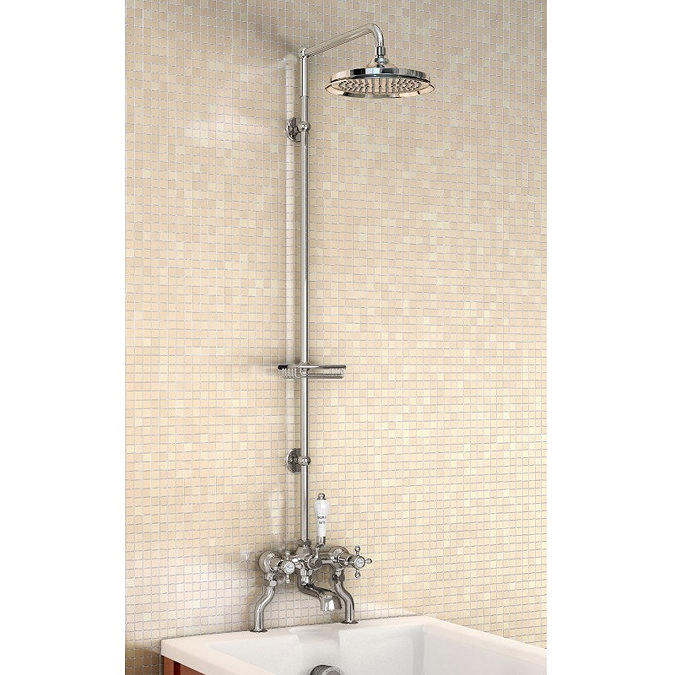 Burlington Claremont Bath Shower Mixer w Riser, Straight Arm, 9" Rose & Soap Basket Large Image