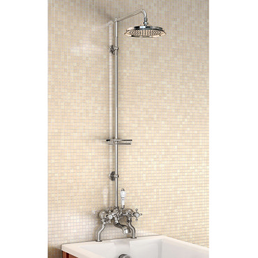 Burlington Claremont Bath Shower Mixer w Riser, Straight Arm, 9" Rose & Soap Basket Profile Large Image