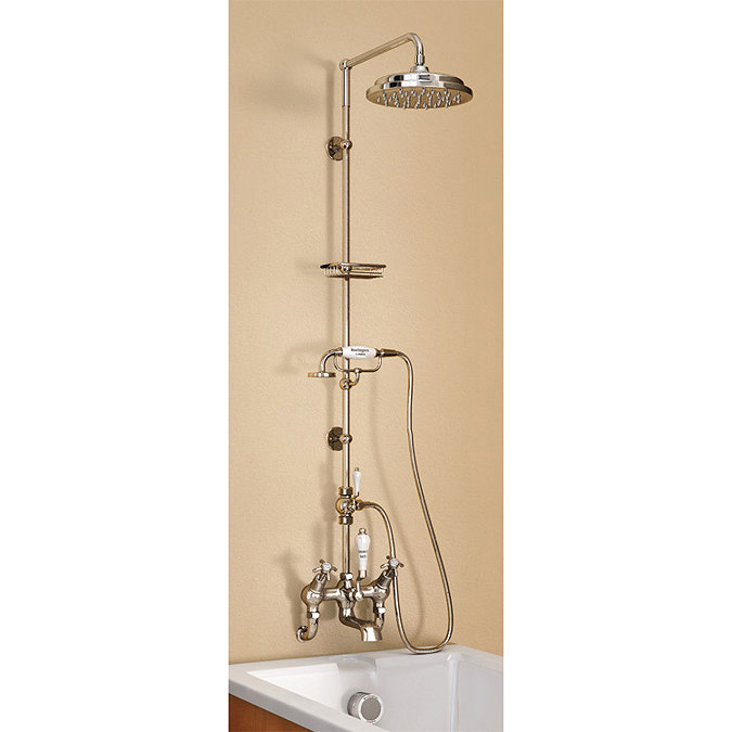 Burlington Claremont Wall Mounted Angled Bath Shower Mixer w Riser, 9" Rose & Soap Basket Large Imag