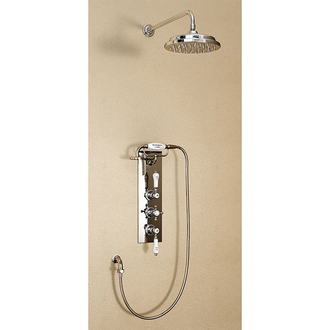 Burlington Clyde Anglesey Valve w Cradle, Straight Arm, 9" Rose & Shower Kit - Brass Backplate Large
