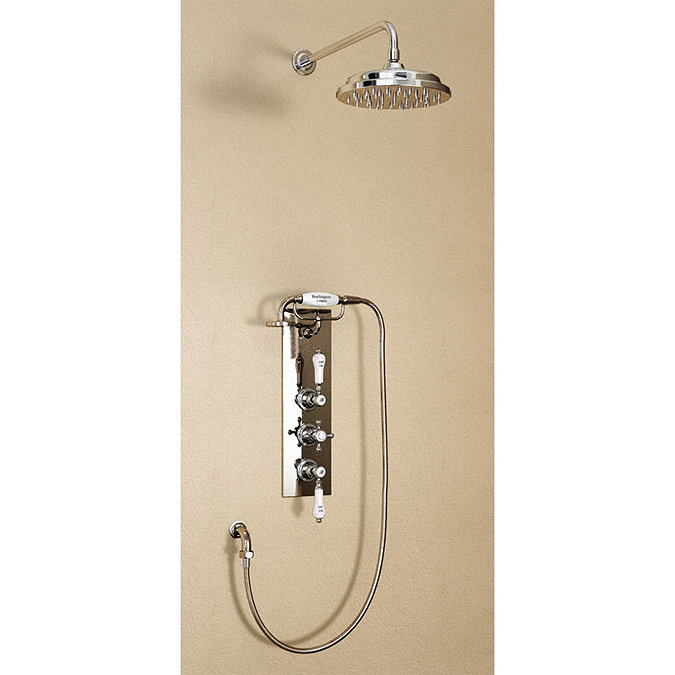 Burlington Clyde Birkenhead Valve w Cradle, Straight Arm, 9" Rose & Shower Kit - Brass Backplate Lar