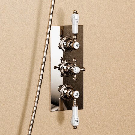 Burlington Clyde Claremont Valve w Curved Arm, 9" Rose & Slider Rail Kit - Brass Backplate Profile Large Image