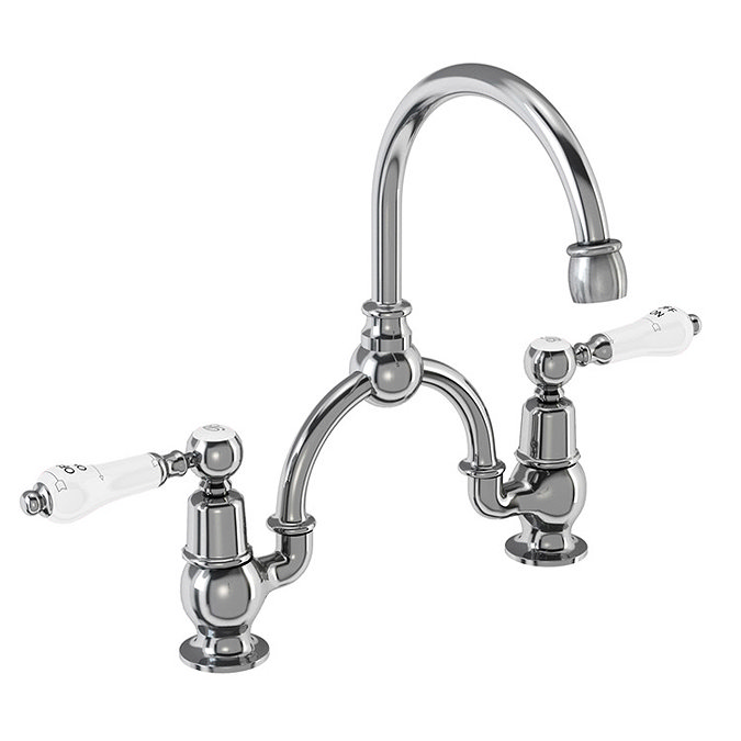 Burlington - Kensington 2TH Bridge Curved Spout Basin Mixer (230mm centers) w Plug & Chain Large Ima