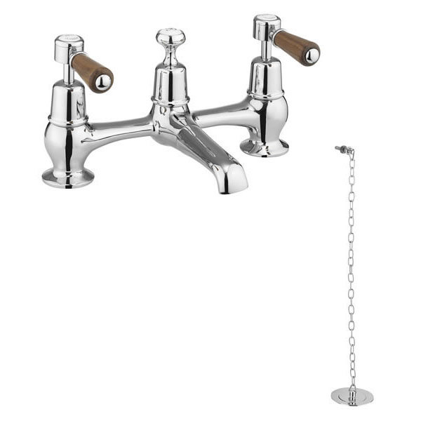 Burlington Kensington Walnut 2TH Bridge Basin Mixer with Plug & Chain Large Image