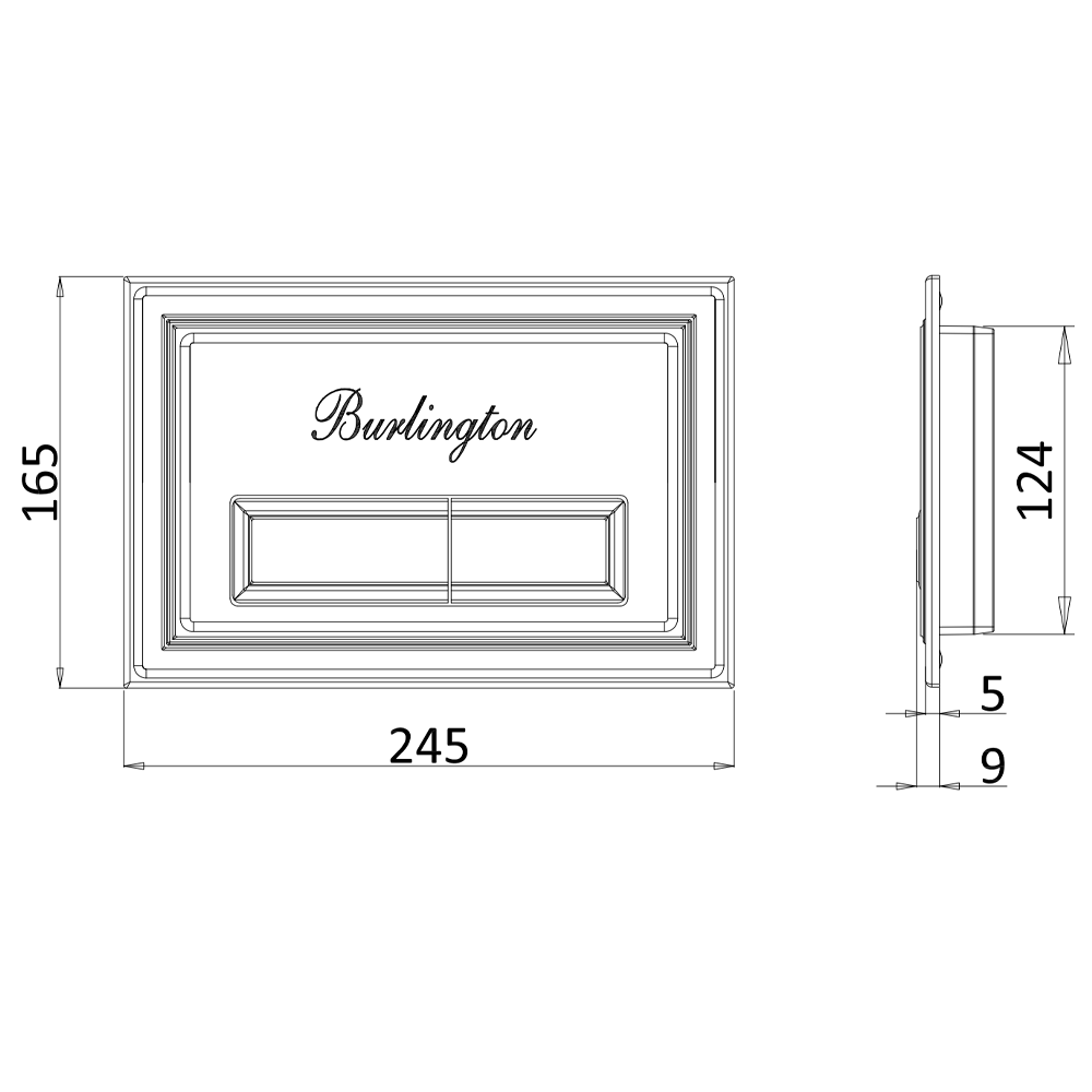 Dimensions image for the Burlington Traditional Dual Flush Plate, showing the specific measurements for each section.