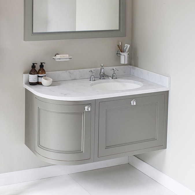 Burlington Wall Hung 100 Curved Corner Vanity Unit & Minerva Worktop with Basin (Dark Olive - Right
