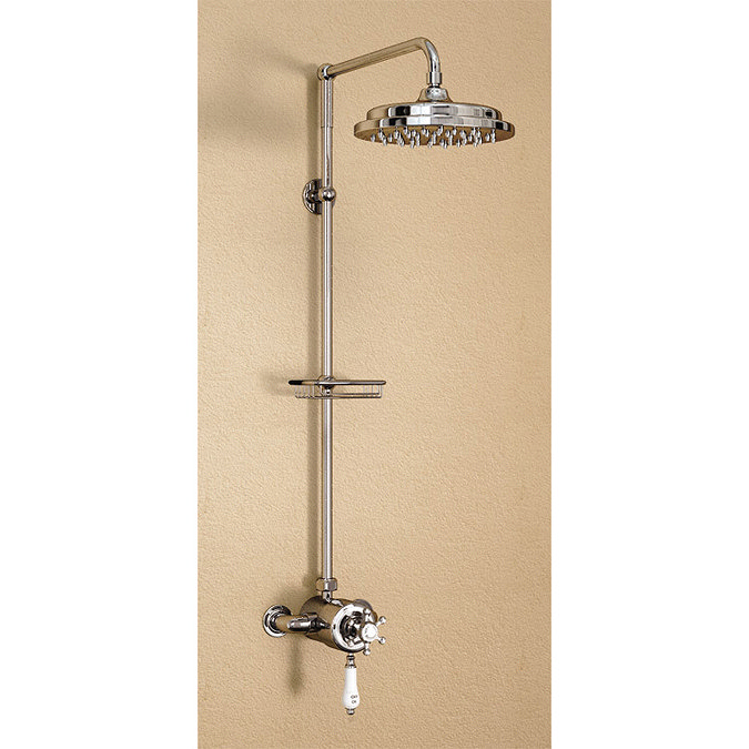 Burlington Wye Anglesey Exposed Valve w Rigid Riser, Straight Arm, 9" Shower Rose & Soap Basket Larg