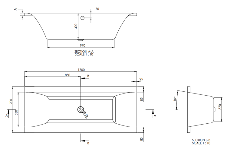 New Buxton Square D/E Bath with Legset Matt Black - 1700x700mm