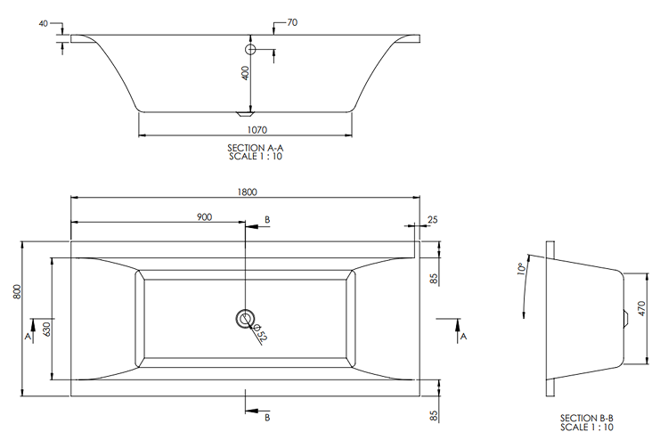 New Buxton Square D/E Bath with Legset Matt Black - 1800x800