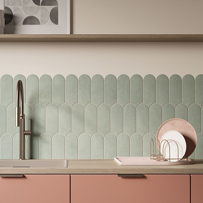Camille Sage Scallop & Feather Matt Wall Tiles - 80 x 215mm