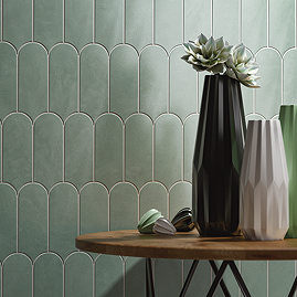 Camille Sage Scallop & Feather Gloss Wall Tiles - 80 x 215mm