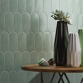Camille Sage Scallop & Feather Gloss Wall Tiles - 80 x 215mm