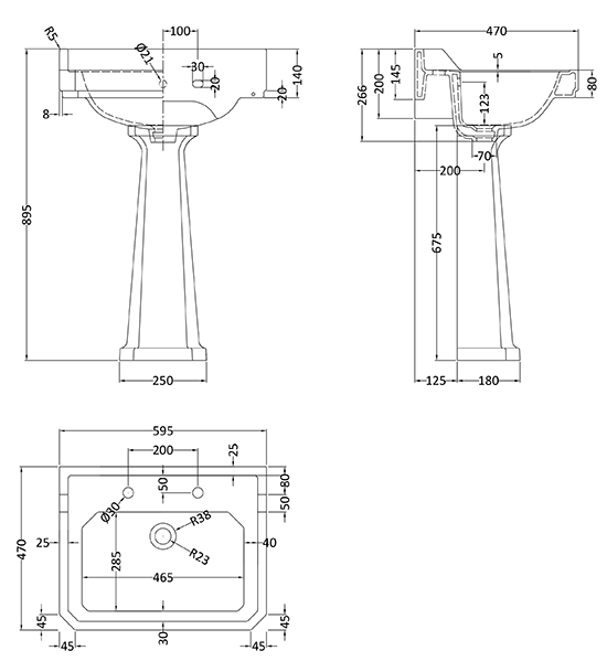 Carlton Traditional Basin + Pedestal (2 Tap Hole) 600mm Basin