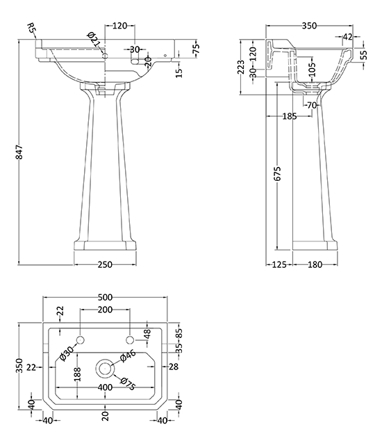 Carlton Traditional Basin + Pedestal (2 Tap Hole) 500mm Basin