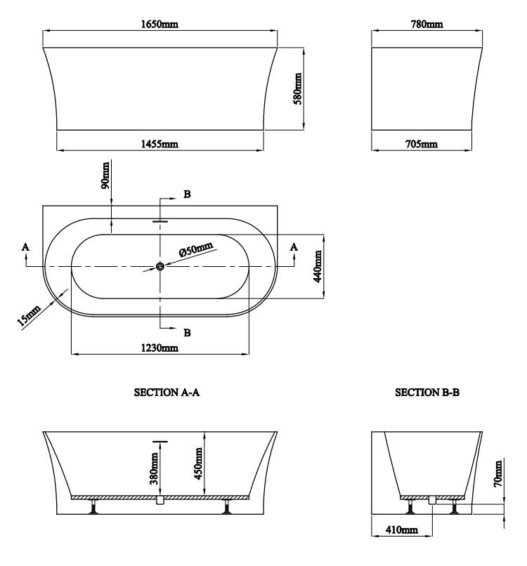 Caserta Thin Edge Back To Wall Modern Gloss White Acrylic Bath with Chrome Waste – 1650 x 780mm
