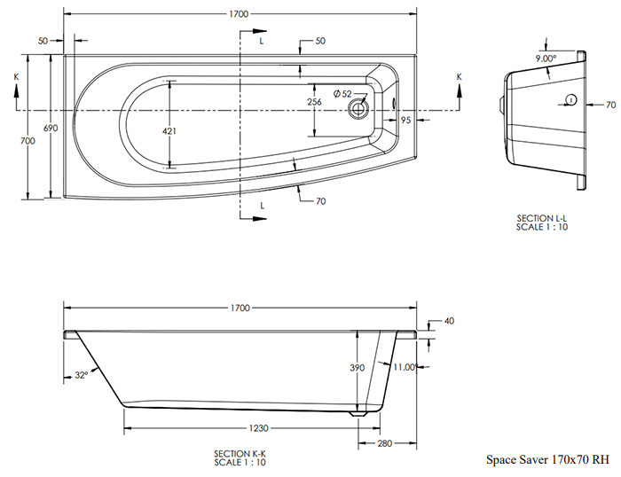 EcoDelux 1700 Space Saver Curved Bath with Hinged Screen & Panel
Right Hand Option