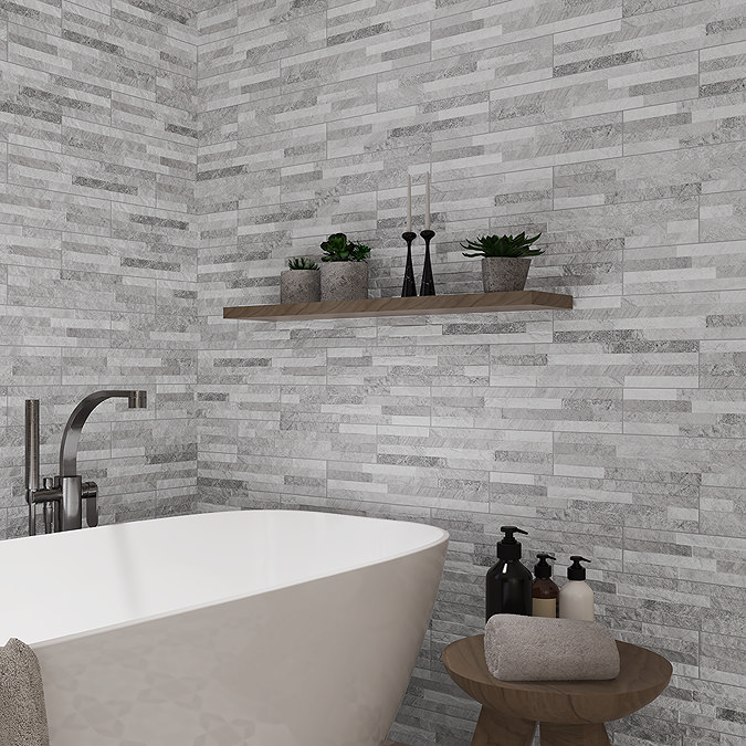 Casterton Light Grey Stone Effect Split Face Tiles - 100 x 500mm