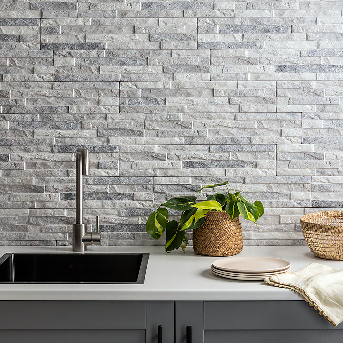 Casterton Light Grey Stone Effect Split Face Tiles - 100 x 500mm
