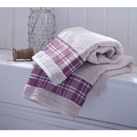 Catherine Lansfield - Check Border Towel - Cream & Mulberry - Various Size Options Large Image