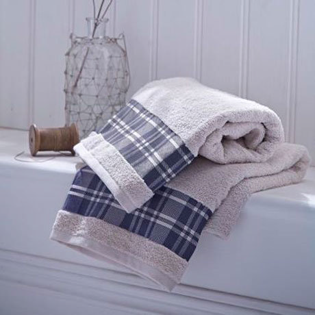 Catherine Lansfield - Check Border Towel - Cream & Navy - Various Size Options Large Image