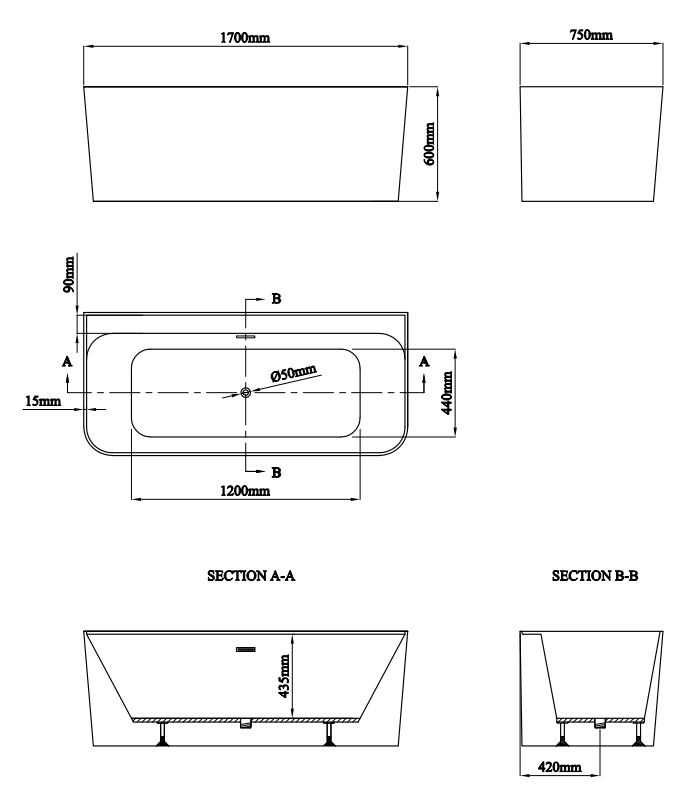 Celeste 1700 x 750 Back to Wall Modern Bath with Chrome Waste