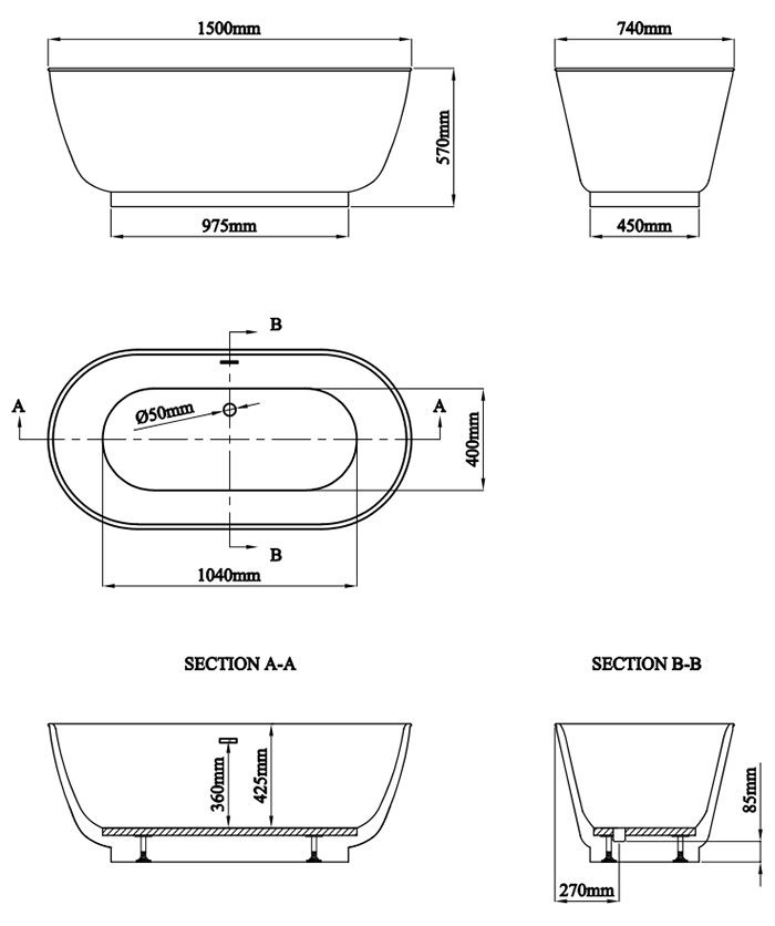 Chatsworth 1500 Freestanding Curved Bath - Double Ended with Antique Brass Waste