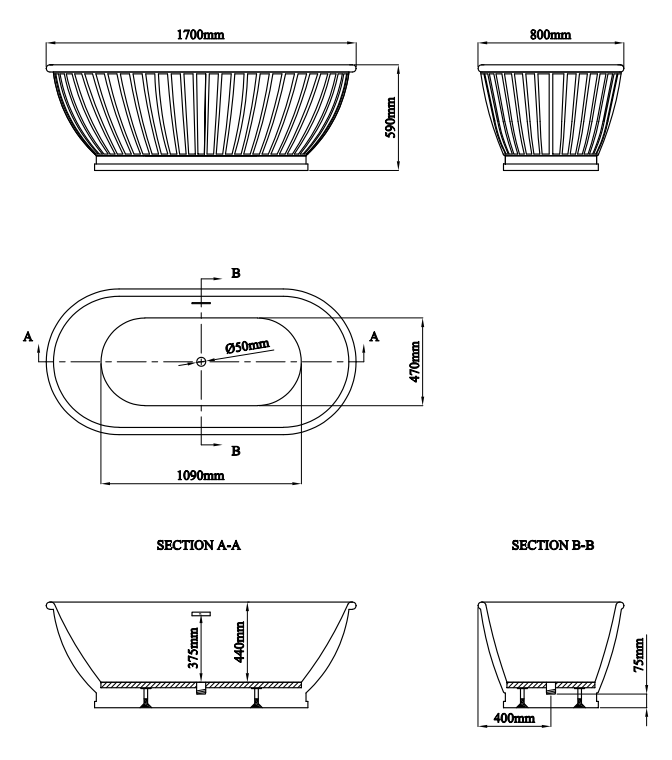 Chatsworth 1700 Fluted Freestanding Curved Bath - Double Ended with Chrome Waste