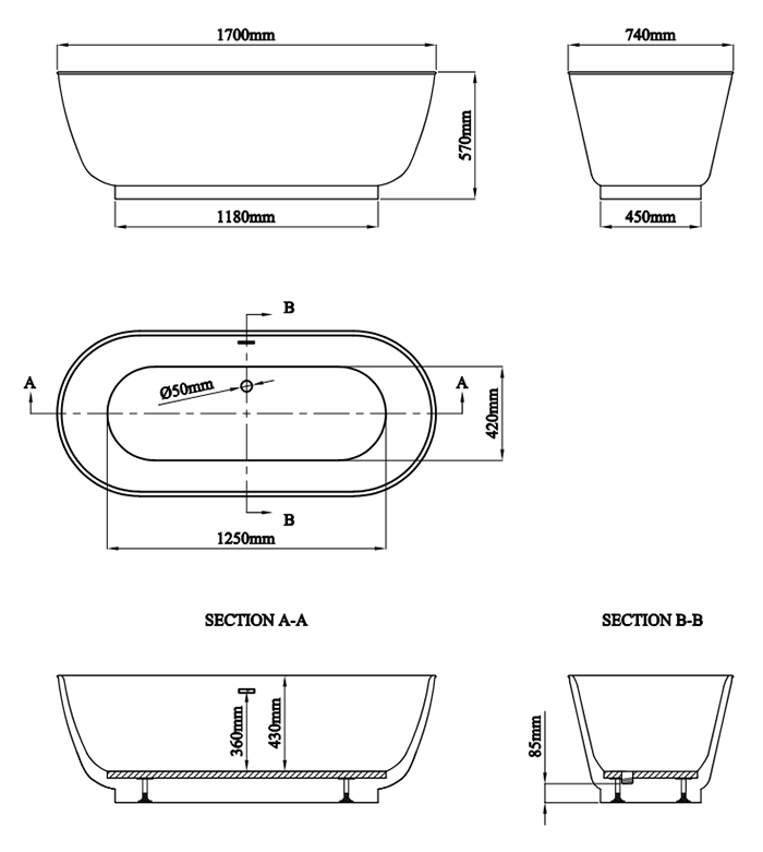 Chatsworth 1700 Freestanding Curved Bath - Double Ended with Antique Brass Waste