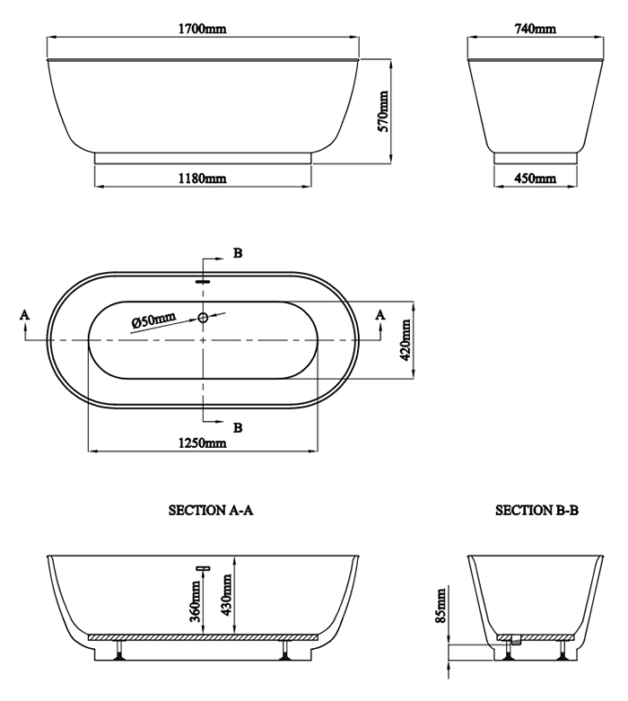 Chatsworth 1700 Freestanding Curved Bath - Double Ended with Matt Black Waste