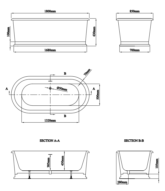 Chatsworth 1800 Roll Top Freestanding Curved Bath - Double Ended with Chrome Waste