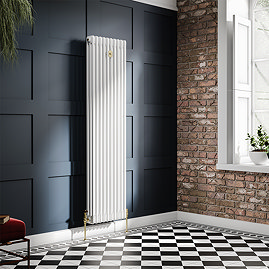 Chatsworth 1800 x 470mm Cast Iron Style 3 Column White Radiator - Brushed Brass Wall Stay Bracket and Thermostatic Valves