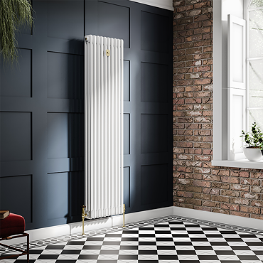 Chatsworth 1800 x 470mm Cast Iron Style 3 Column White Radiator - Brushed Brass Wall Stay Bracket and Thermostatic Valves