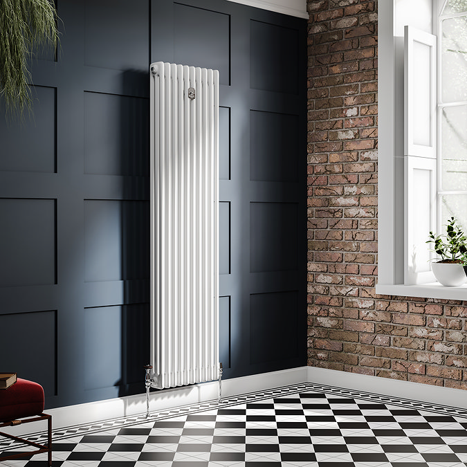 Chatsworth 1800 x 470mm Cast Iron Style 3 Column White Radiator - Chrome Wall Stay Bracket and Thermostatic Valves
