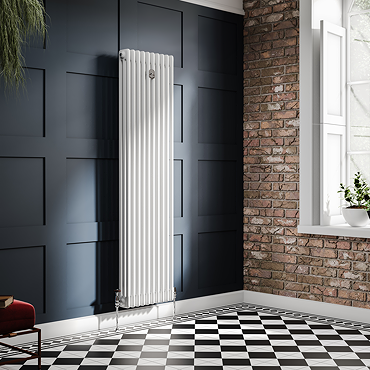 Chatsworth 1800 x 470mm Cast Iron Style 3 Column White Radiator - Chrome Wall Stay Bracket and Thermostatic Valves