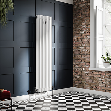 Chatsworth 1800 x 470mm Cast Iron Style 3 Column White Radiator - Matt Black Wall Stay Bracket and Thermostatic Valves