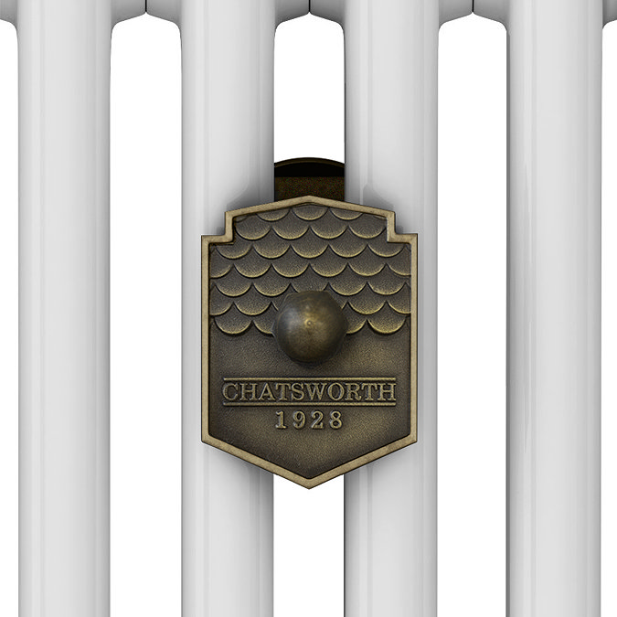 Chatsworth 1800 x 470mm Cast Iron Style 3 Column White Radiator - Rustic Brass Wall Stay Bracket and Thermostatic Valves