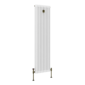 Chatsworth 1800 x 470mm Cast Iron Style 3 Column White Radiator - Rustic Brass Wall Stay Bracket and Thermostatic Valves