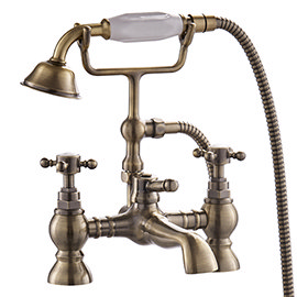 Chatsworth 1928 Antique Brass Crosshead Bath Shower Mixer Tap with Shower Kit Medium Image