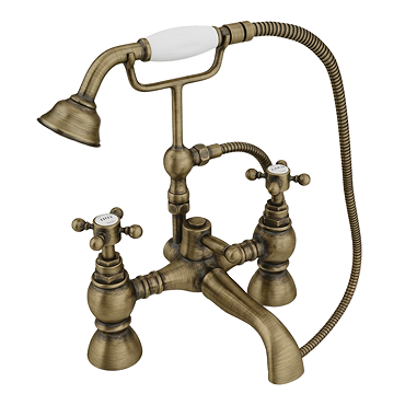 Chatsworth 1928 Antique Brass Crosshead Bath Shower Mixer Tap with Shower Kit Standard Large Image