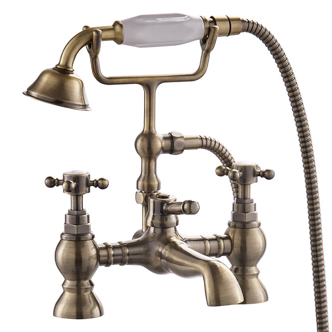 Chatsworth 1928 Antique Brass Crosshead Bath Shower Mixer Tap with Shower Kit Large Image