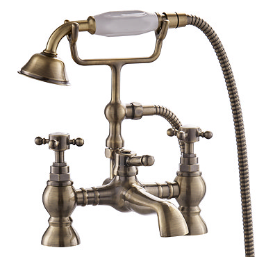 Chatsworth 1928 Antique Brass Crosshead Bath Shower Mixer Tap with Shower Kit  Profile Large Image