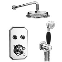 Chatsworth 1928 Black Traditional Push-Button Shower Valve Pack with Handset + Rainfall Shower Head 