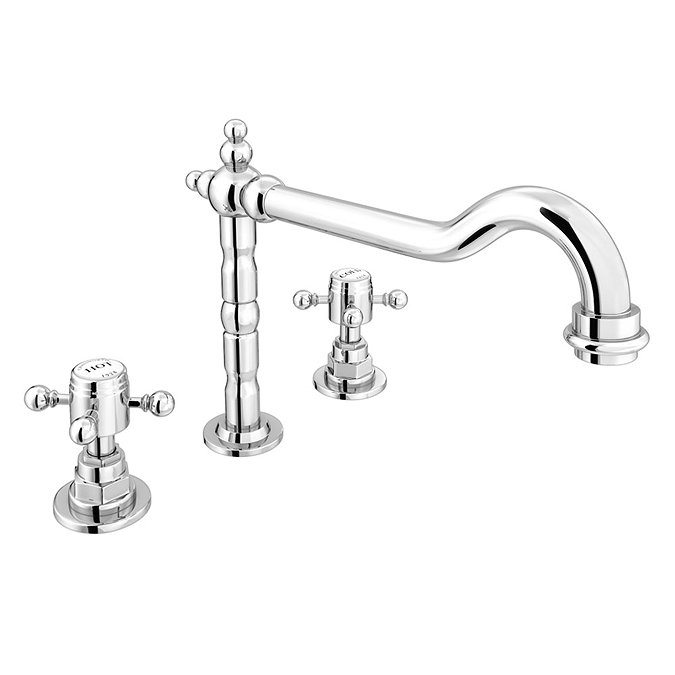 Chatsworth 1928 Traditional 3TH Crosshead Deck Mounted Basin Mixer Tap with Curved Spout + Waste