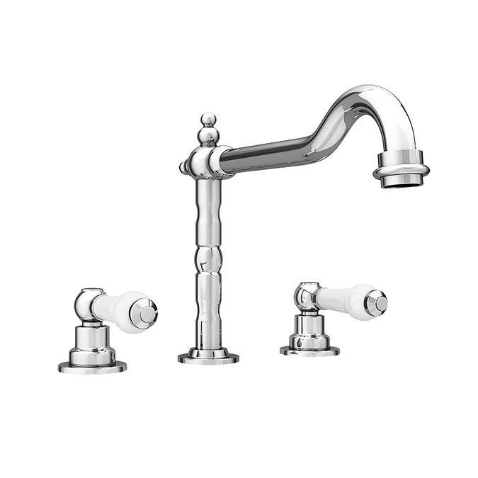 Chatsworth 1928 Traditional 3TH White Lever Deck Mounted Basin Mixer Tap with Curved Spout  Feature 