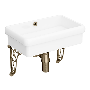 Chatsworth 450mm Wall Hung 0TH Basin Gloss White with Antique Brass Wall Brackets