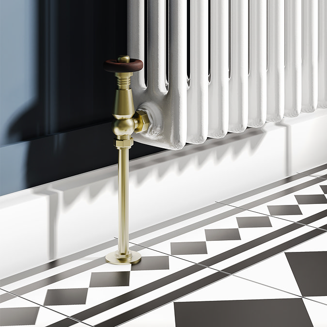 Chatsworth 450 x 1010mm Cast Iron Style 3 Column White Radiator - Brushed Brass Wall Stay Brackets and Thermostatic Valves